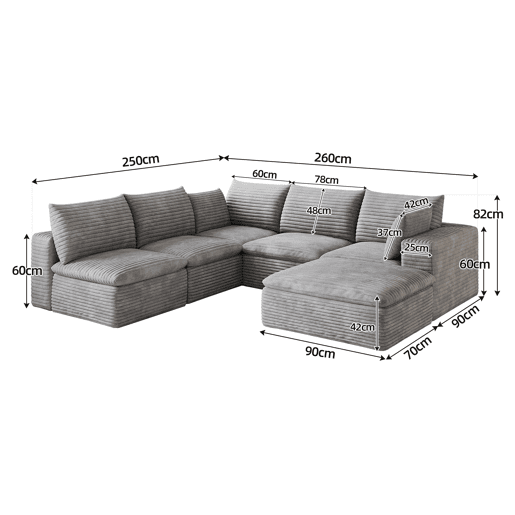 Sofá modular 260 x 250 cm - Cloud em veludo, design de dupla camada - Cinzento Sofá modular 260 x 250 cm - Cloud em veludo, design de dupla camada - Cinzento