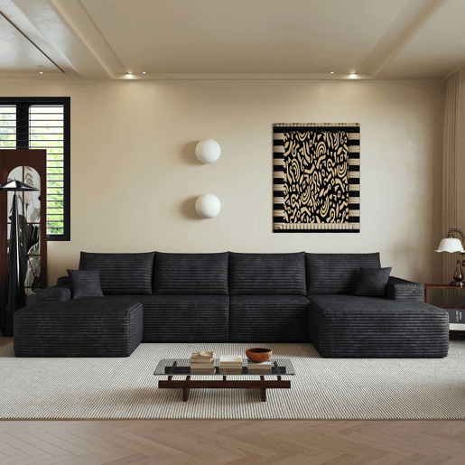 Sofá modular de canto 340 cm - chaise longue em L, assento profundo e design comprimido - preto