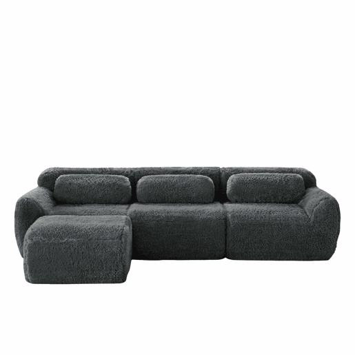 Sofá modular L de 3 lugares - tecido felpudo, com almofadas, antiderrapante - Cinzento