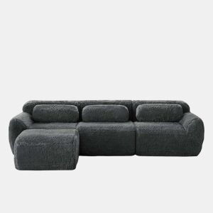 Sofá modular L de 3 lugares - tecido felpudo, com almofadas, antiderrapante - Cinzento