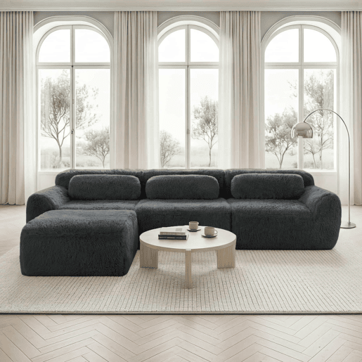 Sofá modular L de 3 lugares - tecido felpudo, com almofadas, antiderrapante - Cinzento