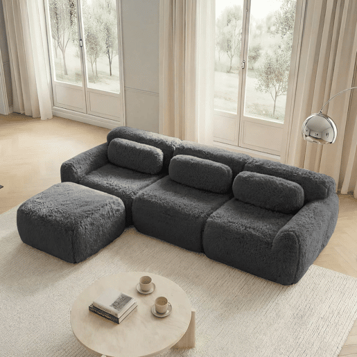 Sofá modular L de 3 lugares - tecido felpudo, com almofadas, antiderrapante - Cinzento