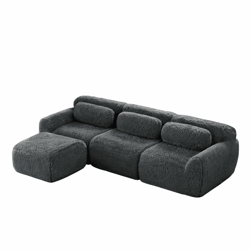 Sofá modular L de 3 lugares - tecido felpudo, com almofadas, antiderrapante - Cinzento