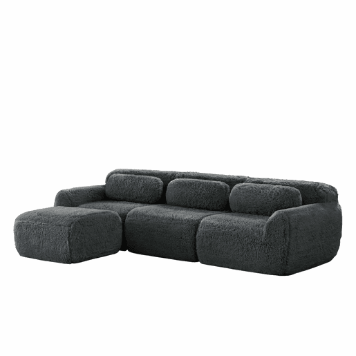 Sofá modular L de 3 lugares - tecido felpudo, com almofadas, antiderrapante - Cinzento