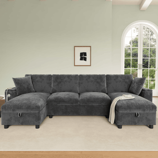 Sofá modular em U 284x135x84 cm - Chenilla com chaise longue, arrumação rebatível, USB e Type-C, 4 lugares - Cinzento