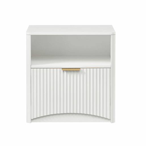 Mesa de cabeceira com gaveta aberta e puxadores dourados, design compacto para o quarto e a sala - Branco Mesa de cabeceira com gaveta aberta e puxadores dourados, design compacto para o quarto e a sala - Branco