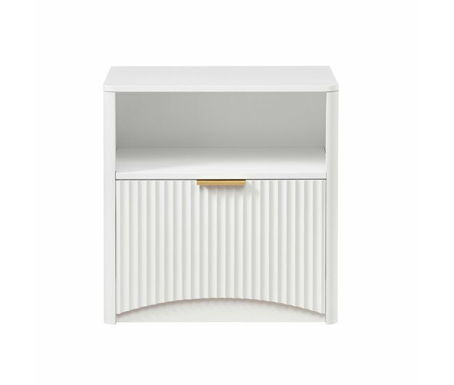 Mesita de noche con cajón abierto y tiradores dorados, diseño compacto para dormitorio y salón - blanco