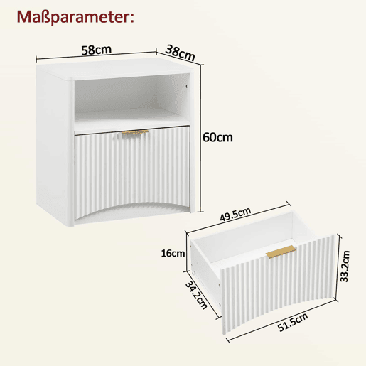 Mesa de cabeceira com gaveta aberta e puxadores dourados, design compacto para o quarto e a sala - Branco Mesa de cabeceira com gaveta aberta e puxadores dourados, design compacto para o quarto e a sala - Branco