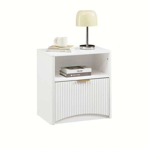 Mesa de cabeceira com gaveta aberta e puxadores dourados, design compacto para o quarto e a sala - Branco Mesa de cabeceira com gaveta aberta e puxadores dourados, design compacto para o quarto e a sala - Branco