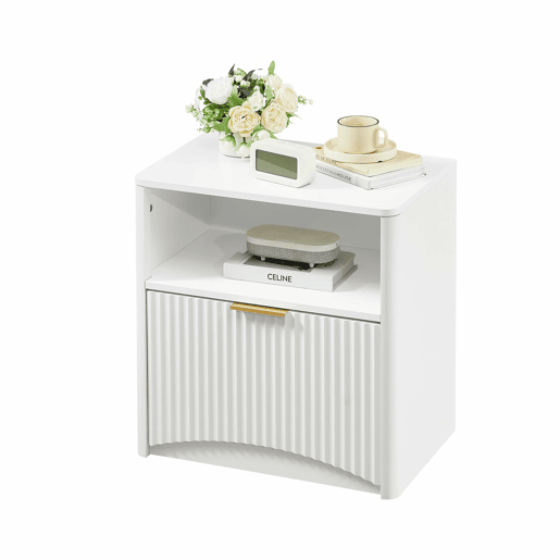 Mesa de cabeceira com gaveta aberta e puxadores dourados, design compacto para o quarto e a sala - Branco Mesa de cabeceira com gaveta aberta e puxadores dourados, design compacto para o quarto e a sala - Branco
