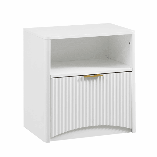 Mesa de cabeceira com gaveta aberta e puxadores dourados, design compacto para o quarto e a sala - Branco Mesa de cabeceira com gaveta aberta e puxadores dourados, design compacto para o quarto e a sala - Branco