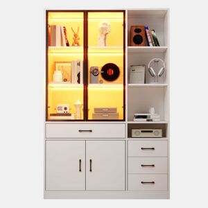 Vitrine alta 120 x 35 x 200 cm - 13 compartimentos, 4 gavetas, portas com LED - Branco