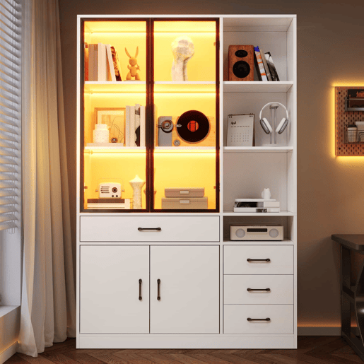 Vitrine alta 120 x 35 x 200 cm - 13 compartimentos, 4 gavetas, portas com LED - Branco Vitrine alta 120 x 35 x 200 cm - 13 compartimentos, 4 gavetas, portas com LED - Branco