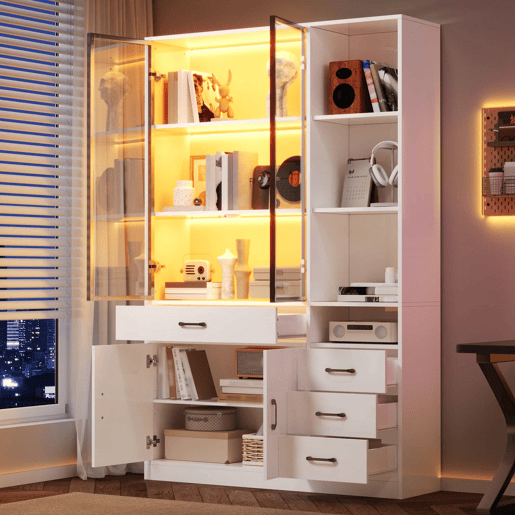Vitrine alta 120 x 35 x 200 cm - 13 compartimentos, 4 gavetas, portas com LED - Branco Vitrine alta 120 x 35 x 200 cm - 13 compartimentos, 4 gavetas, portas com LED - Branco