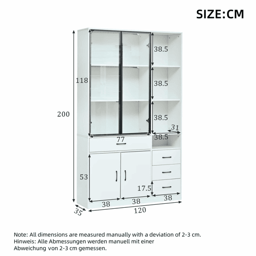Vitrine alta 120 x 35 x 200 cm - 13 compartimentos, 4 gavetas, portas com LED - Branco Vitrine alta 120 x 35 x 200 cm - 13 compartimentos, 4 gavetas, portas com LED - Branco