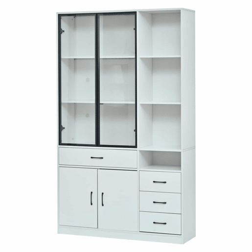 Vitrine alta 120 x 35 x 200 cm - 13 compartimentos, 4 gavetas, portas com LED - Branco Vitrine alta 120 x 35 x 200 cm - 13 compartimentos, 4 gavetas, portas com LED - Branco