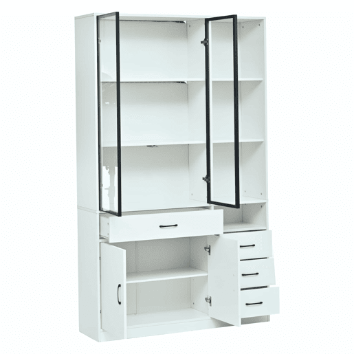 Vitrine alta 120 x 35 x 200 cm - 13 compartimentos, 4 gavetas, portas com LED - Branco Vitrine alta 120 x 35 x 200 cm - 13 compartimentos, 4 gavetas, portas com LED - Branco