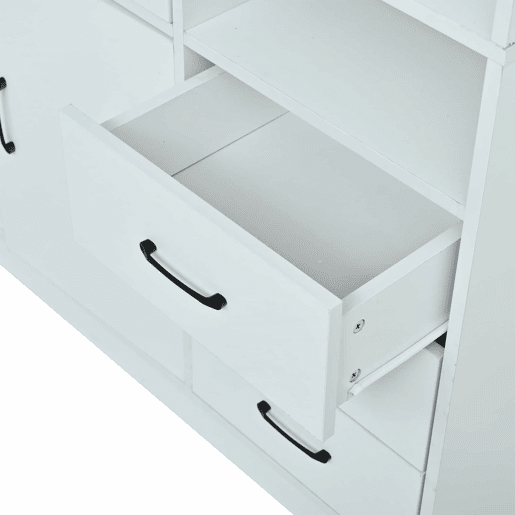 Vitrine alta 120 x 35 x 200 cm - 13 compartimentos, 4 gavetas, portas com LED - Branco Vitrine alta 120 x 35 x 200 cm - 13 compartimentos, 4 gavetas, portas com LED - Branco