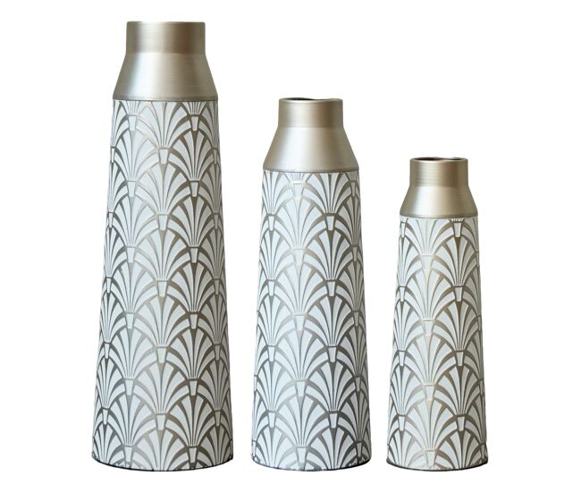 Jarrones de suelo metálicos 43,5/51/61 cm - set de 3 piezas con diseño de abanico, estilo moderno y decorativo - blanco y plata