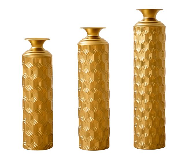 Jarrones de suelo metálicos 50/65/85 cm - set de 3 piezas con diseño de panal, estilo moderno decorativo para salón y entrada - dorado