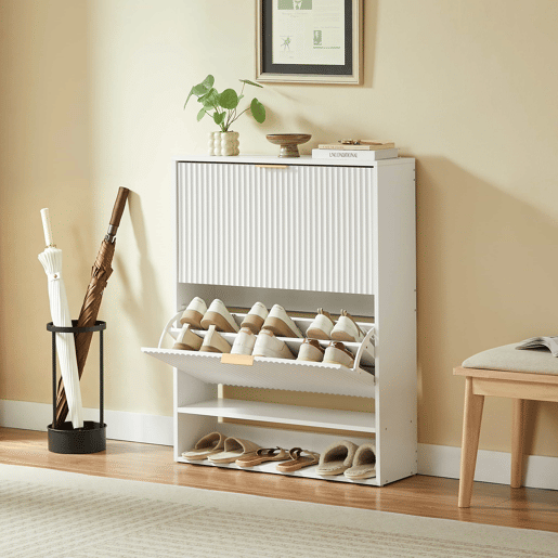 Aparador 80 x 24 cm - frente com ranhuras, altura ajustável, sistema anti-tombamento, com tampo decorativo para a entrada - branco Aparador 80 x 24 cm - frente com ranhuras, altura ajustável, sistema anti-tombamento, com tampo decorativo para a entrada - branco