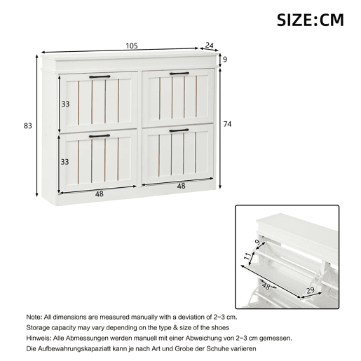 Armário moderno 105 x 24 x 83 cm u2013 armário de entrada com 4 portas basculantes e 8 compartimentos, com puxador preto u2013 branco Armário moderno 105 x 24 x 83 cm u2013 armário de entrada com 4 portas basculantes e 8 compartimentos, com puxador preto u2013 branco