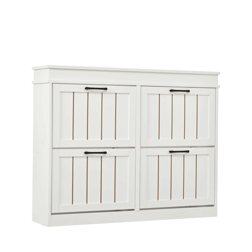 Armário moderno 105 x 24 x 83 cm u2013 armário de entrada com 4 portas basculantes e 8 compartimentos, com puxador preto u2013 branco Armário moderno 105 x 24 x 83 cm u2013 armário de entrada com 4 portas basculantes e 8 compartimentos, com puxador preto u2013 branco
