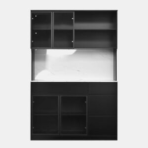 Vitrine alta com aparador - efeito mármore, vidro com iluminação LED, MDF, grande capacidade de arrumação - pretobranco