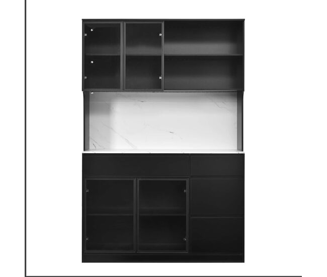 Vitrina alta aparador - efecto mármol, vidrio led, mdf, gran almacenaje - negro/blanco
