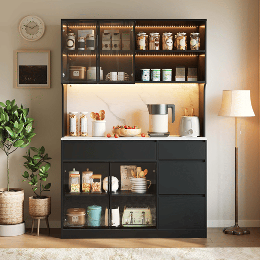 Vitrine alta com aparador - efeito mármore, vidro com iluminação LED, MDF, grande capacidade de arrumação - pretobranco Vitrine alta com aparador - efeito mármore, vidro com iluminação LED, MDF, grande capacidade de arrumação - pretobranco