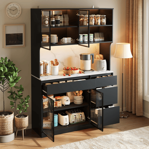 Vitrine alta com aparador - efeito mármore, vidro com iluminação LED, MDF, grande capacidade de arrumação - pretobranco Vitrine alta com aparador - efeito mármore, vidro com iluminação LED, MDF, grande capacidade de arrumação - pretobranco