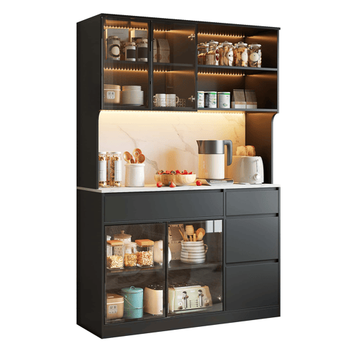 Vitrine alta com aparador - efeito mármore, vidro com iluminação LED, MDF, grande capacidade de arrumação - pretobranco Vitrine alta com aparador - efeito mármore, vidro com iluminação LED, MDF, grande capacidade de arrumação - pretobranco