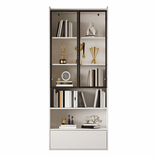 Vitrine alta 80 x 34 x 180 cm - com 1 gaveta, portas de vidro, iluminação LED e compartimentos abertos, armário de exposição para sala de estar - Branco