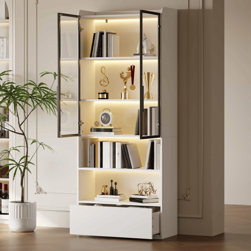 Vitrine alta 80 x 34 x 180 cm - com 1 gaveta, portas de vidro, iluminação LED e compartimentos abertos, armário de exposição para sala de estar - Branco