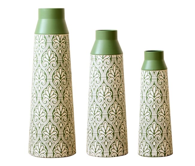 Set de jarrones de suelo metálicos 61,5/51/43,5 cm - decoración retro con adornos, no impermeable para flores secas y pampas - verde