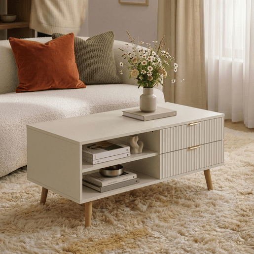 Mesa de centro Nand com 2 gavetas 100x50x45cm Cor areia en.casa Mesa de centro Nand com 2 gavetas 100x50x45cm Cor areia en.casa