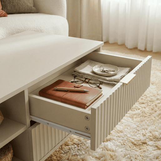 Mesa de centro Nand com 2 gavetas 100x50x45cm Cor areia en.casa Mesa de centro Nand com 2 gavetas 100x50x45cm Cor areia en.casa