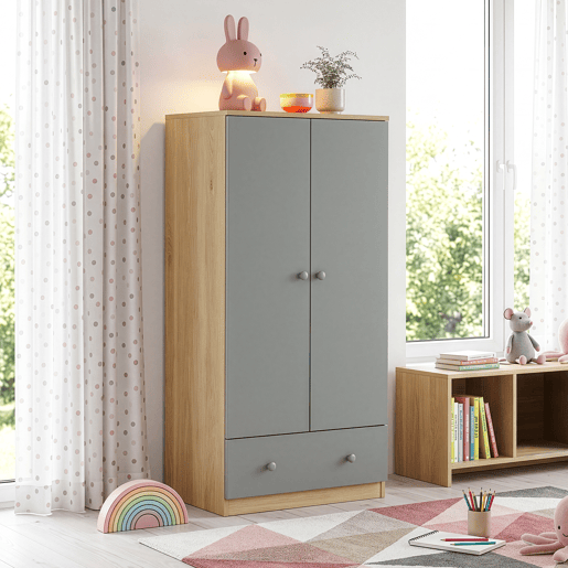 Roupeiro infantil Beldinupp 2 portas 1 varão 1 gaveta 123x60x40cm Carvalho Cinzento en.casa Roupeiro infantil Beldinupp 2 portas 1 varão 1 gaveta 123x60x40cm Carvalho Cinzento en.casa