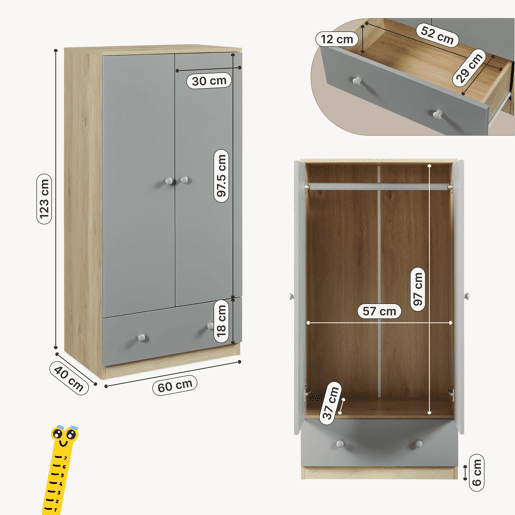 Roupeiro infantil Beldinupp 2 portas 1 varão 1 gaveta 123x60x40cm Carvalho Cinzento en.casa Roupeiro infantil Beldinupp 2 portas 1 varão 1 gaveta 123x60x40cm Carvalho Cinzento en.casa