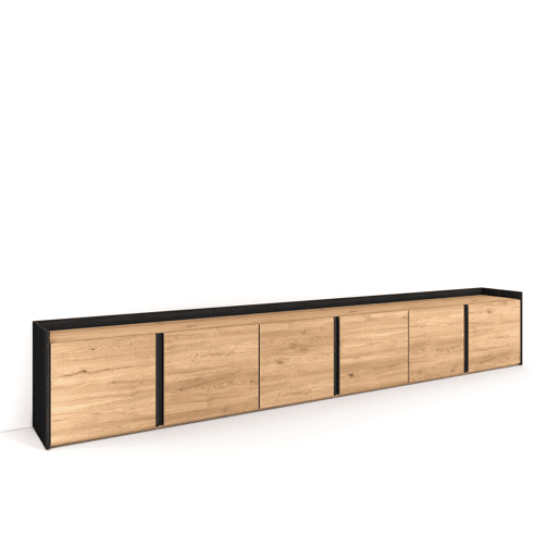 Móvel de TV, Muito espaço de arrumação, 309x35x50 cm, Para televisores até 80, Estante para TV, Estilo moderno, Carvalho e preto