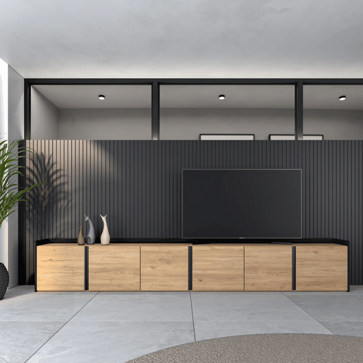 Móvel de TV, Muito espaço de arrumação, 309x35x50 cm, Para televisores até 80, Estante para TV, Estilo moderno, Carvalho e preto