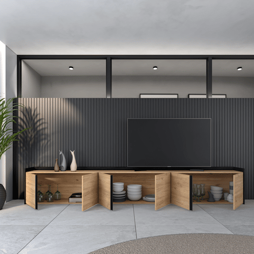 Móvel de TV, Muito espaço de arrumação, 309x35x50 cm, Para televisores até 80, Estante para TV, Estilo moderno, Carvalho e preto