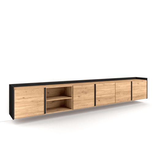 Móvel de TV, Muito espaço de arrumação, 309x35x50 cm, Para televisores até 80, Suspensos, Estilo moderno, Carvalho e preto Móvel de TV, Muito espaço de arrumação, 309x35x50 cm, Para televisores até 80, Suspensos, Estilo moderno, Carvalho e preto