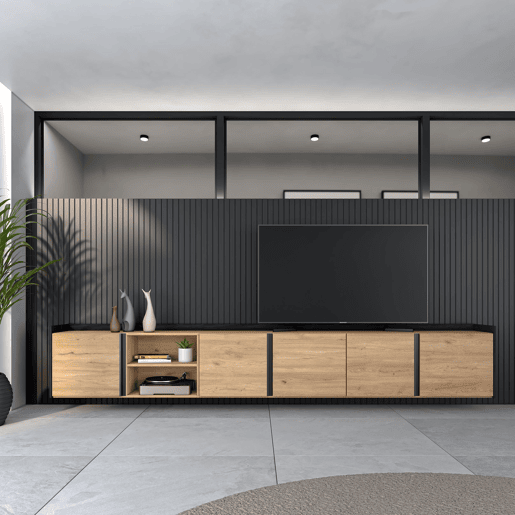 Móvel de TV, Muito espaço de arrumação, 309x35x50 cm, Para televisores até 80, Suspensos, Estilo moderno, Carvalho e preto Móvel de TV, Muito espaço de arrumação, 309x35x50 cm, Para televisores até 80, Suspensos, Estilo moderno, Carvalho e preto