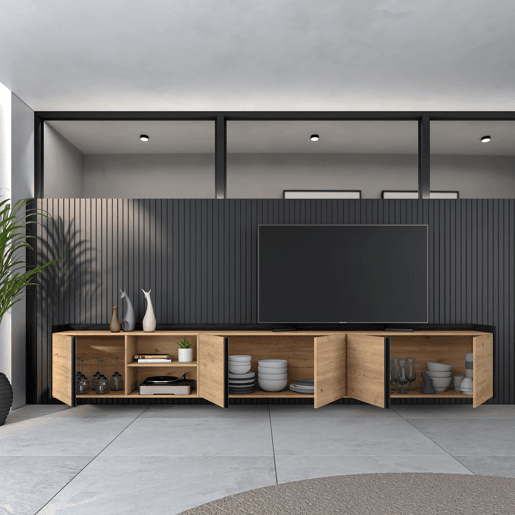 Móvel de TV, Muito espaço de arrumação, 309x35x50 cm, Para televisores até 80, Suspensos, Estilo moderno, Carvalho e preto Móvel de TV, Muito espaço de arrumação, 309x35x50 cm, Para televisores até 80, Suspensos, Estilo moderno, Carvalho e preto