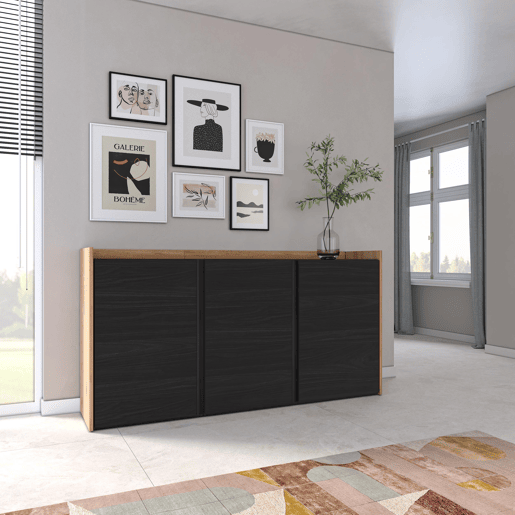 Aparador sala de jantar, Sala, Cozinha, Entrada, TV, 156x35x80 cm, 3 Portas, Armário arrumação, Estilo moderno, Preto e Carvalho Aparador sala de jantar, Sala, Cozinha, Entrada, TV, 156x35x80 cm, 3 Portas, Armário arrumação, Estilo moderno, Preto e Carvalho