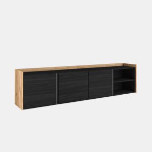 Móvel de TV, Muito espaço de arrumação, 207x35x50 cm, Para televisores até 80, Suspensos, Estilo moderno, Preto e Carvalho