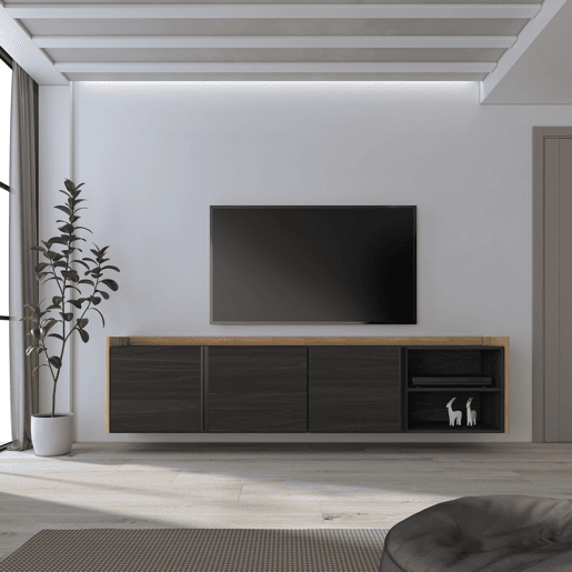 Móvel de TV, Muito espaço de arrumação, 207x35x50 cm, Para televisores até 80, Suspensos, Estilo moderno, Preto e Carvalho Móvel de TV, Muito espaço de arrumação, 207x35x50 cm, Para televisores até 80, Suspensos, Estilo moderno, Preto e Carvalho