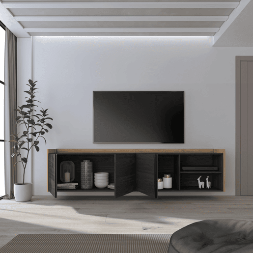 Móvel de TV, Muito espaço de arrumação, 207x35x50 cm, Para televisores até 80, Suspensos, Estilo moderno, Preto e Carvalho Móvel de TV, Muito espaço de arrumação, 207x35x50 cm, Para televisores até 80, Suspensos, Estilo moderno, Preto e Carvalho