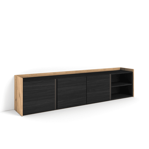 Móvel de TV, Muito espaço de arrumação, 207x35x50 cm, Para televisores até 80, Estante para TV, Estilo moderno, Preto e Carvalho